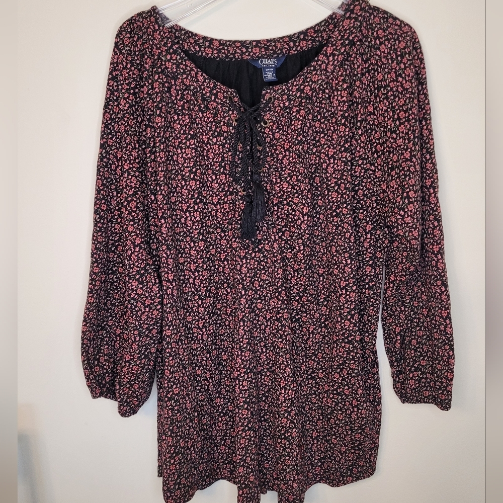 CHAPS Ralph Lauren Top/Blouse  Cotton/Modal, Floral,  Peasant, Long Sleeves